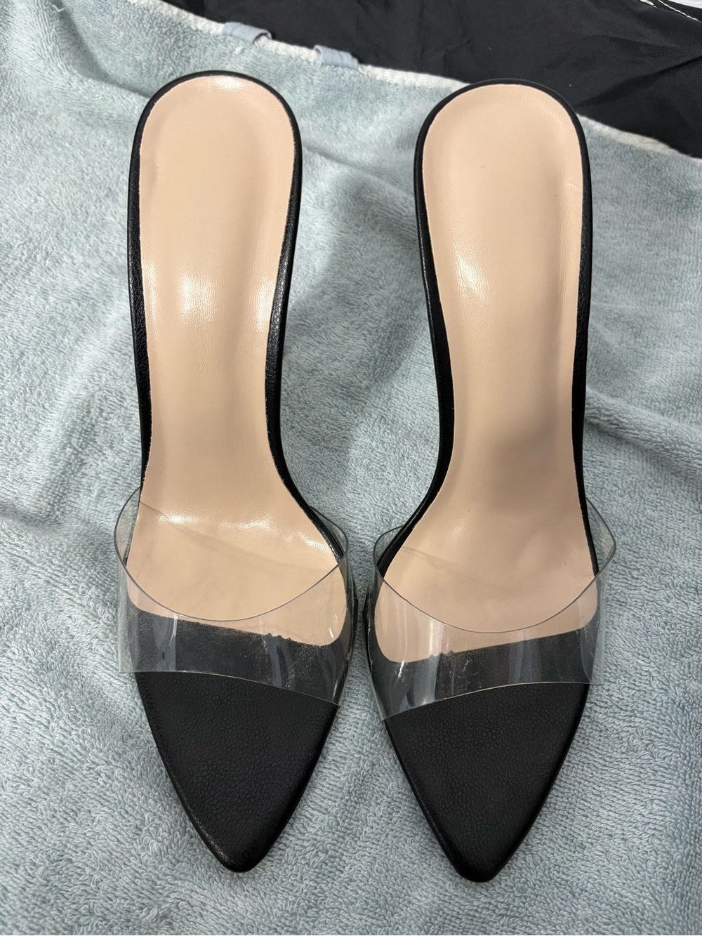 Black Pointed Clear-Band Mule Heels - Women